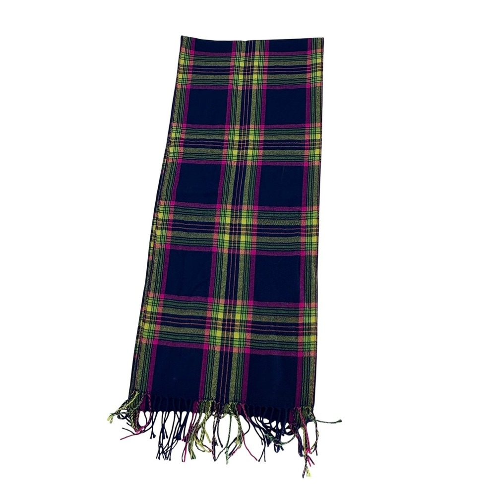 Kirra Neon Plaid Scarf Navy Blue Pink Lime Green Fringe Hem Y2K Soft Acrylic
